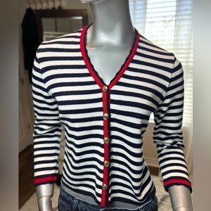 St. John Sport Navy Stripe Knit Cardigan Gold Buttons Size Small
